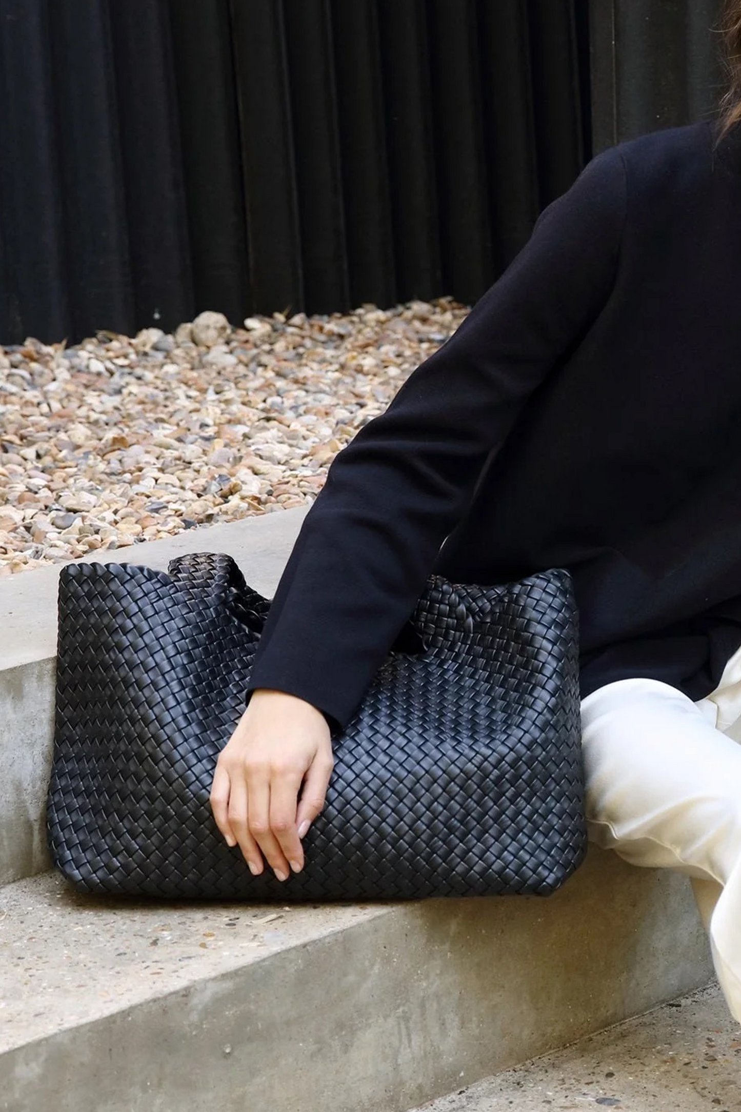 Lusso Woven Handbag: Black Leather