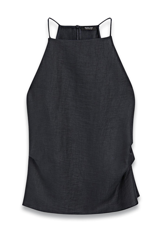 Linen Blend Halter Top with Straight Neckline