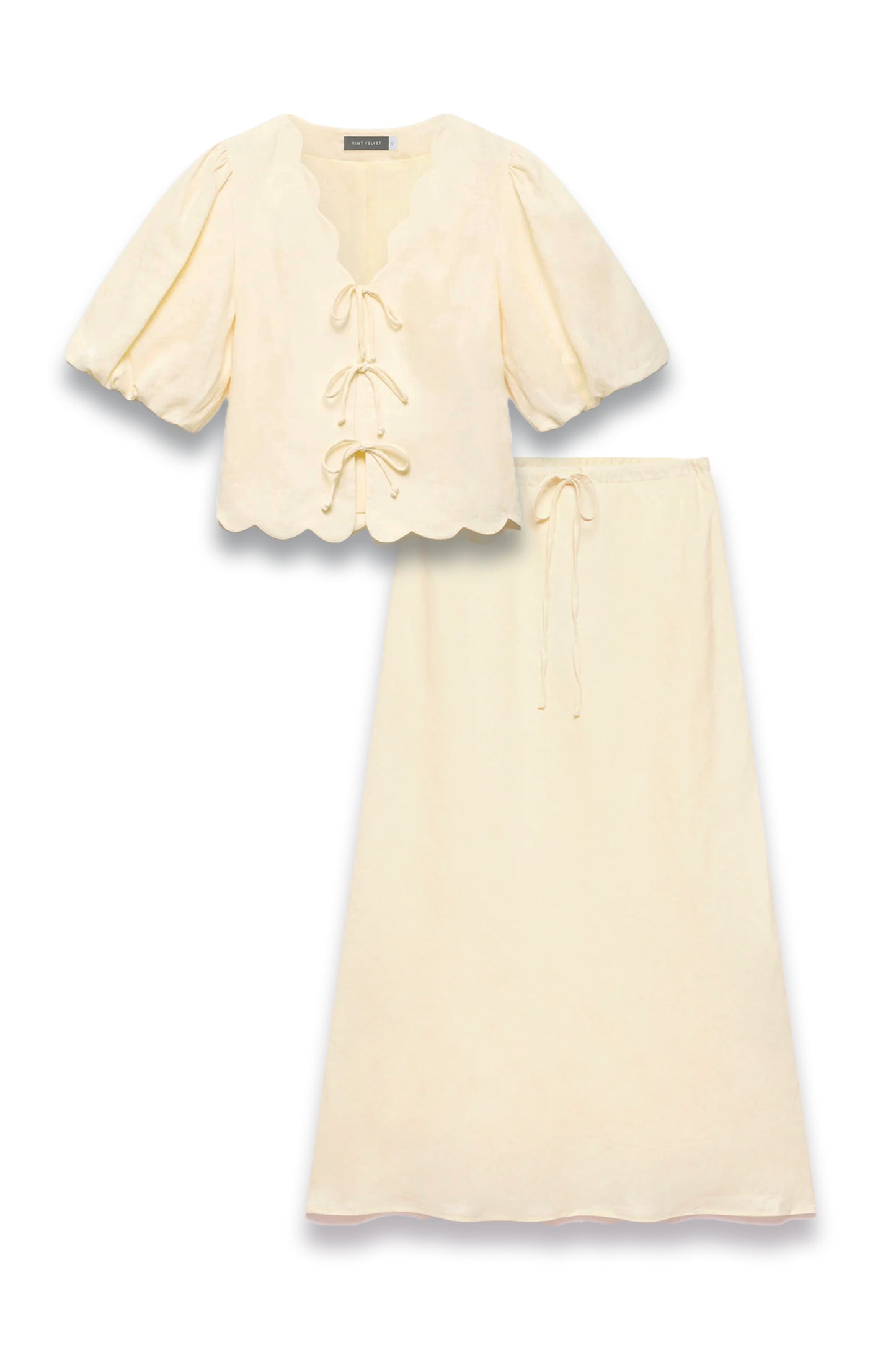 Scallop Tie-Front Top and Maxi Skirt in Linen
