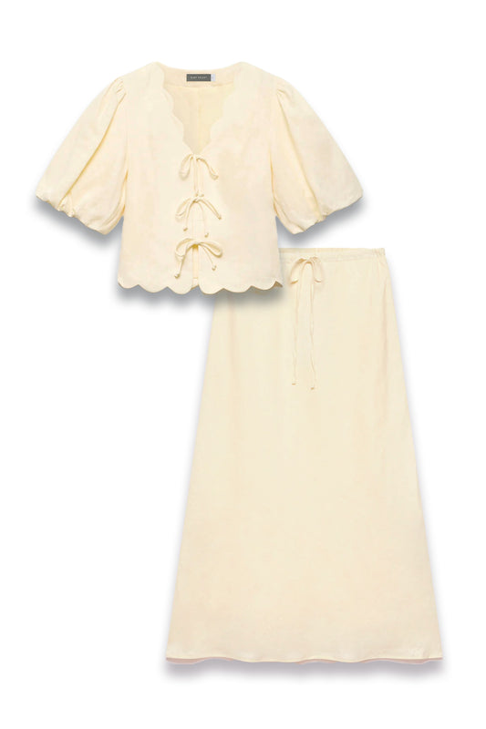 Scallop Tie-Front Top and Maxi Skirt in Linen