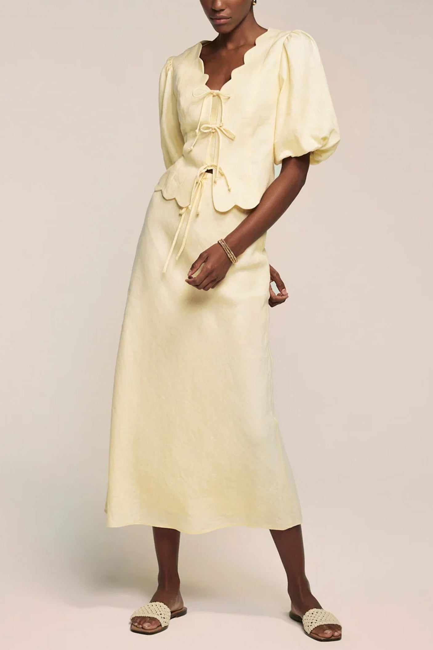 Scallop Tie-Front Top and Maxi Skirt in Linen