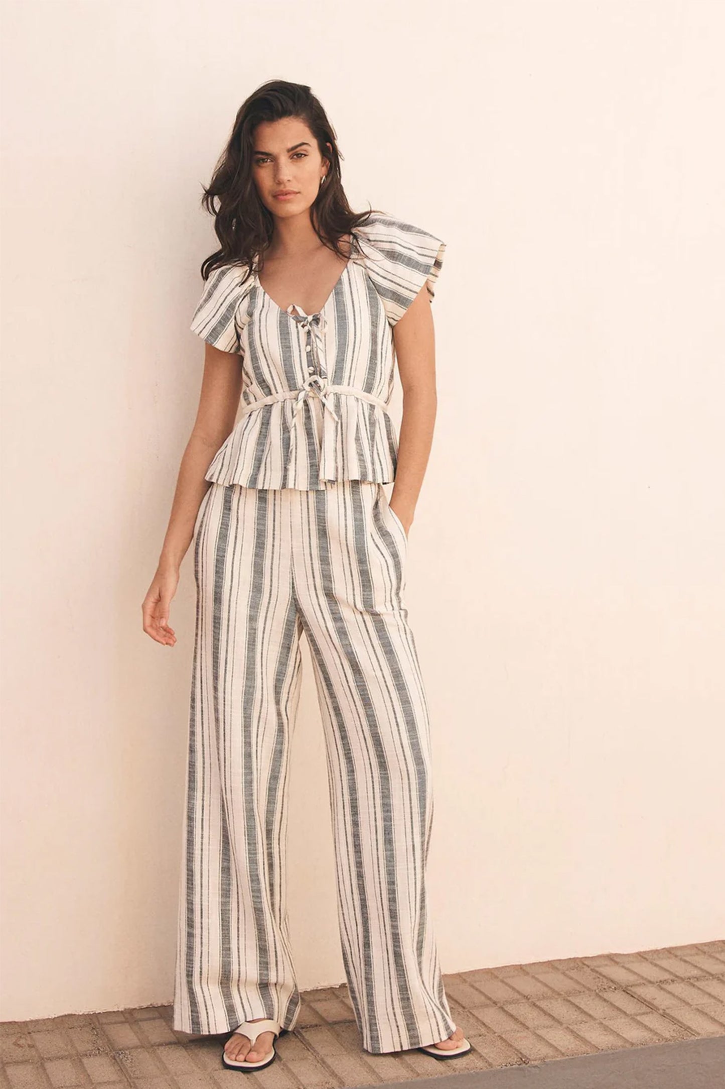 Blue Cotton Striped Wide Trousers