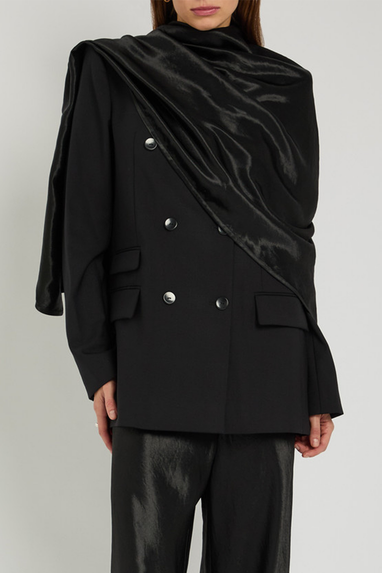 Draped Double-Breasted Wool Blazer