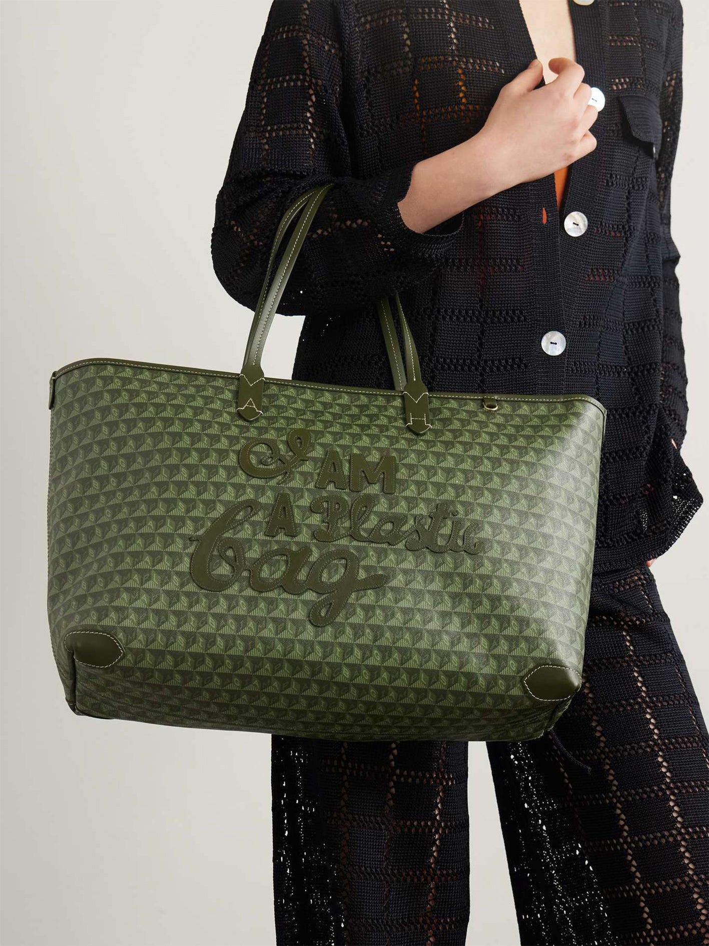 I Am A Plastic Bag Large Leather-Trimmed Printed Coated Recycled-Canvas Tote
