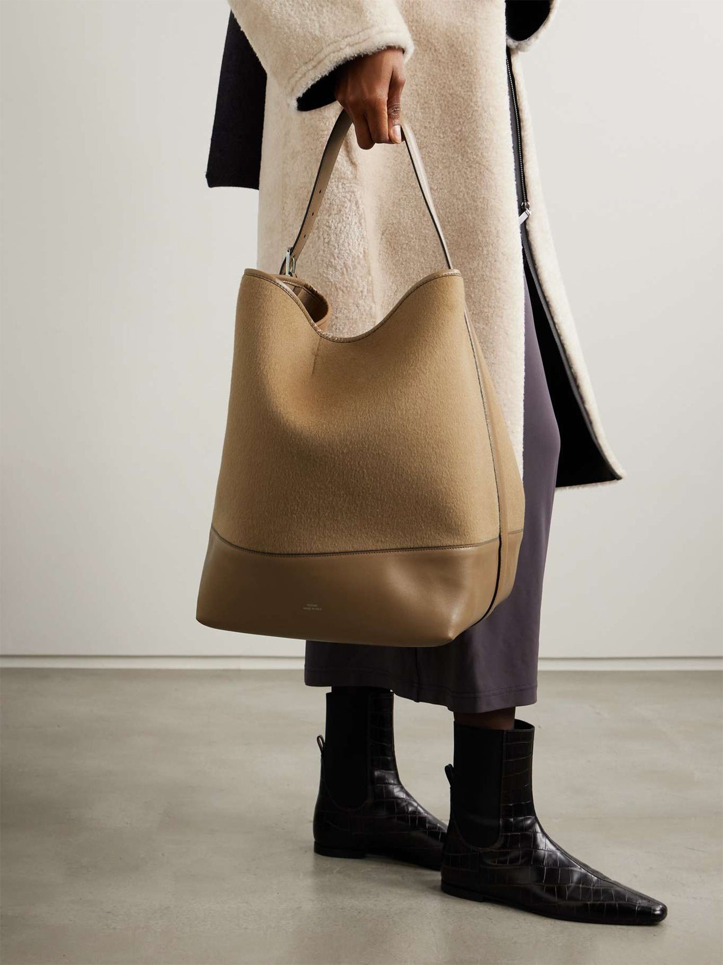 Leather-trimmed Wool Tote