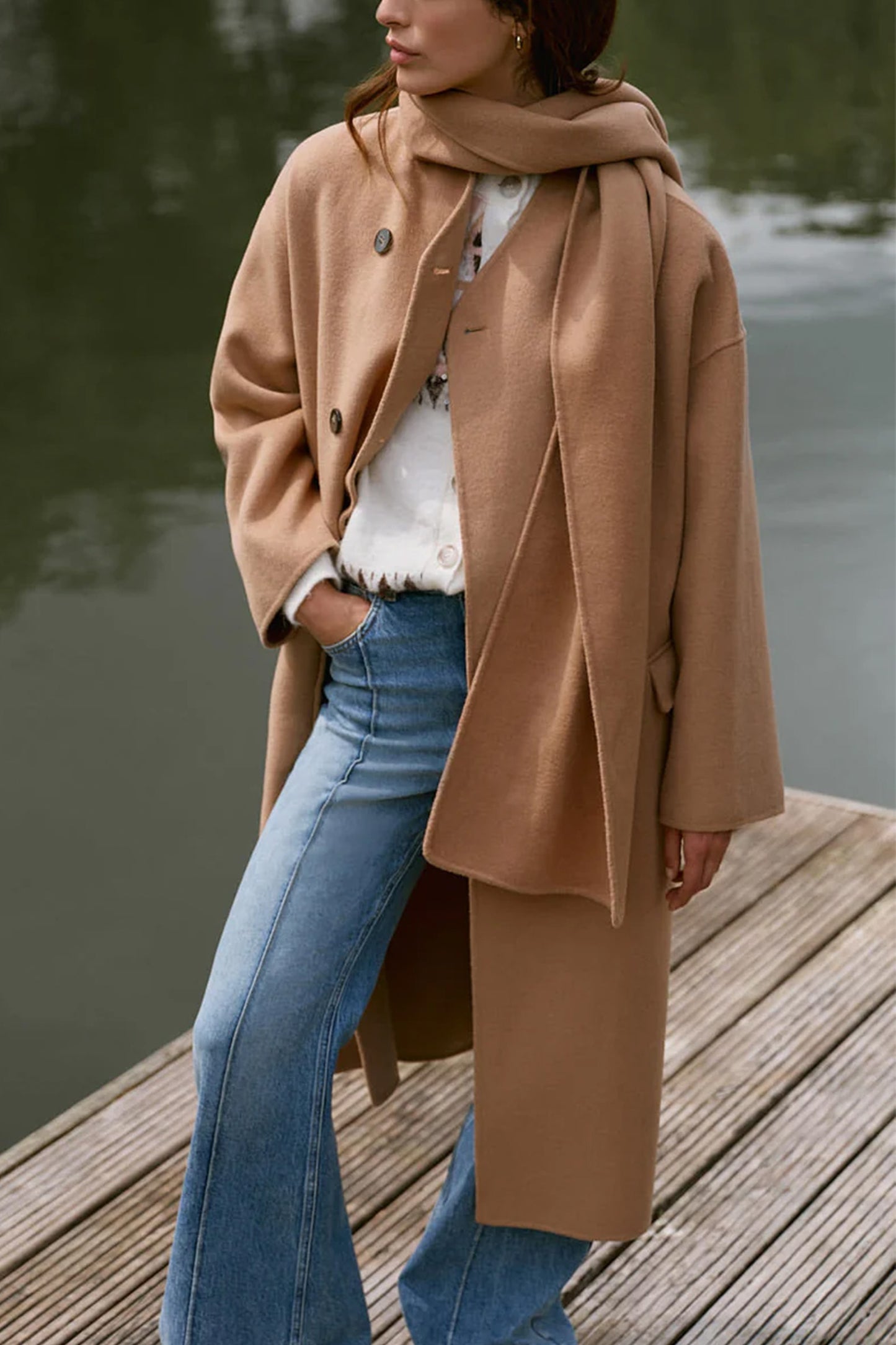 Tan Wool Blend Hand Finished Scarf Coat