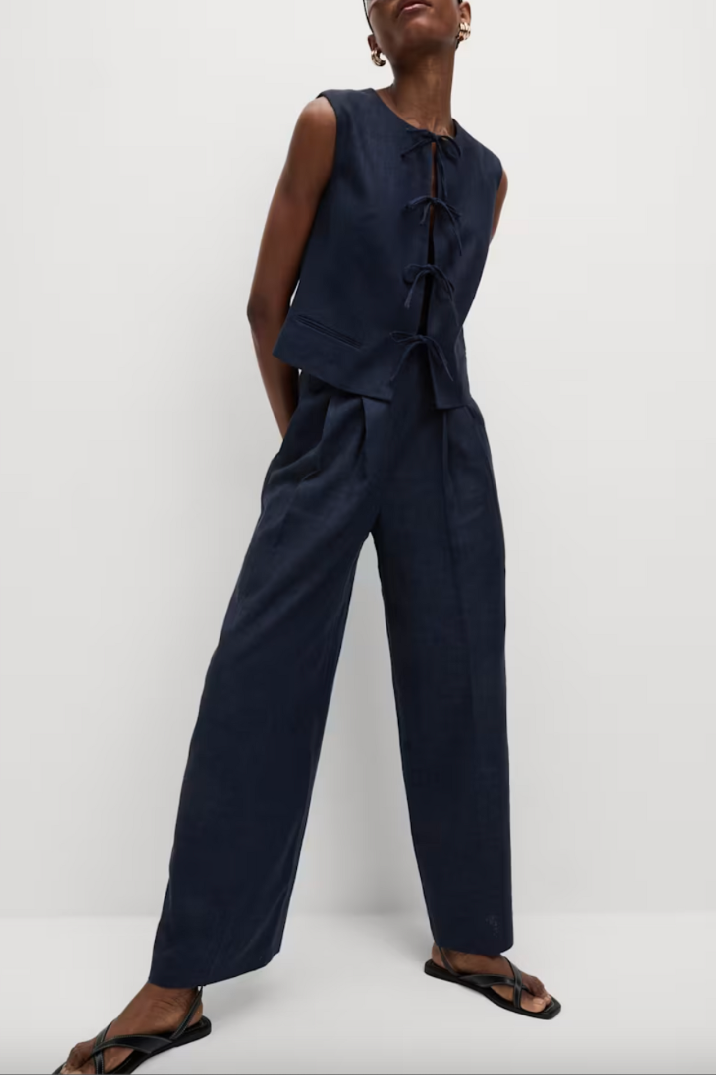 Linen Rich Tie Front Waistcoat and Twill Wide Leg Trousers