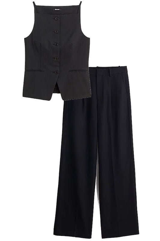 Square-Neck Vest and Slouchy Straight Pants in Drapey Twill