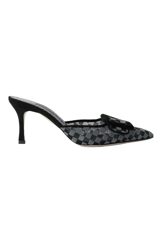 Maysalebi 70 Buckled Checked Suede and Mesh Mules
