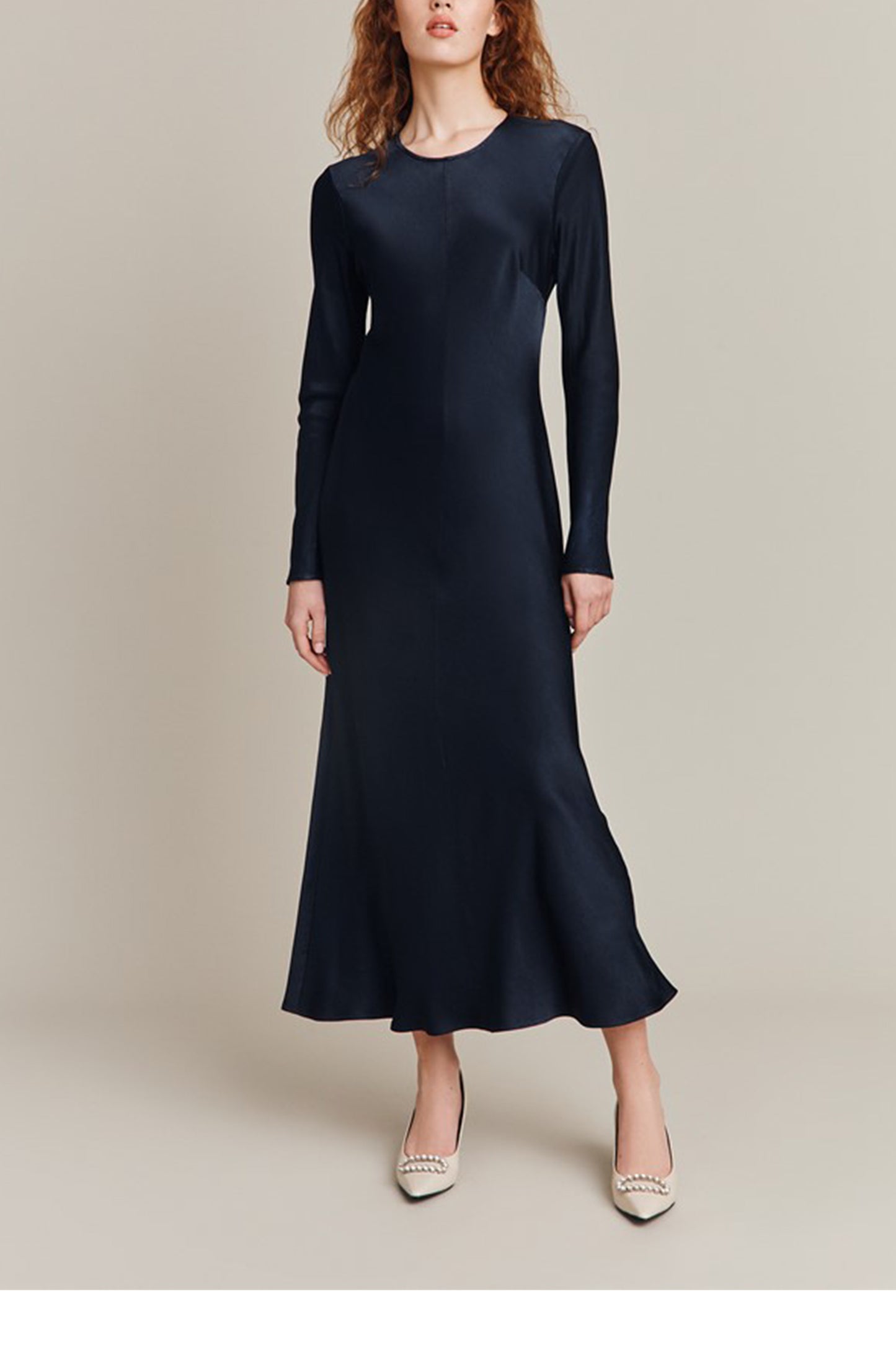 Mari Satin Midi Dress, Navy