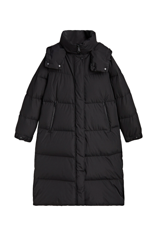 Black Hooded Technical Jacket With Down and Feathers Filling