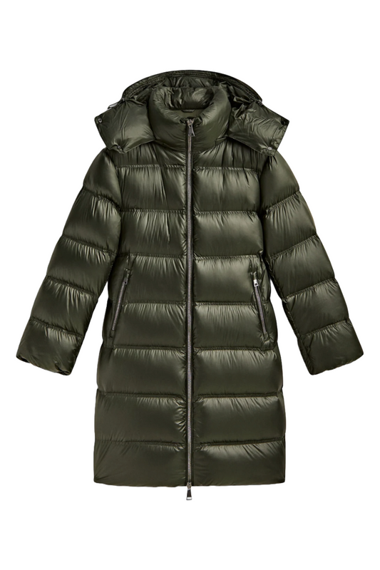 Long Jacket With Down and Feathers Filling and Contrast Hood