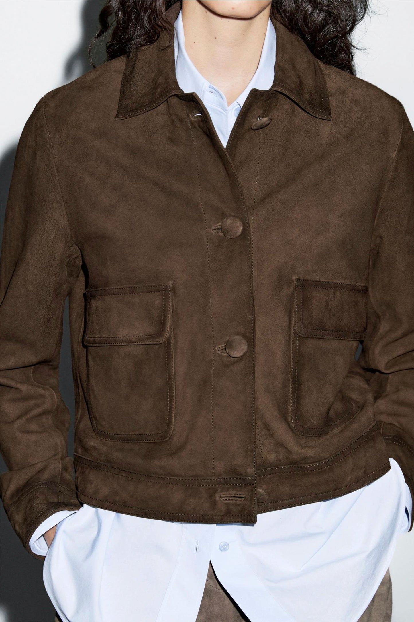 Cropped Suede Leather-lined Jacket with Buttons