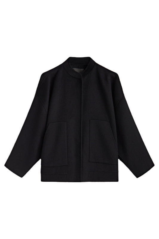 Black Voluminous Wool Blend Bomber Jacket