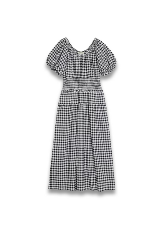 Gingham Shirred-waist Midi Dress