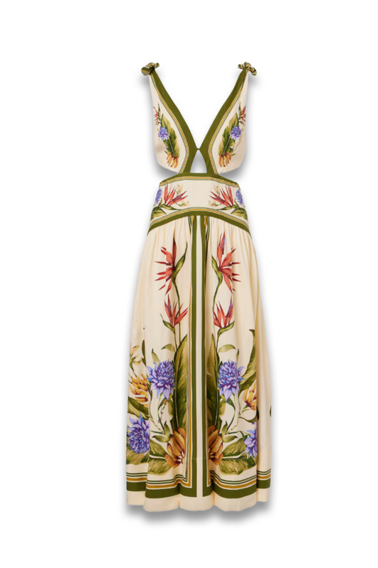 Floral Cutout Linen-Blend Maxi Dress