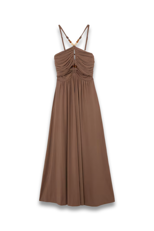 Jersey Bead-Detail Ruched Maxi Dress in Taupe Brown