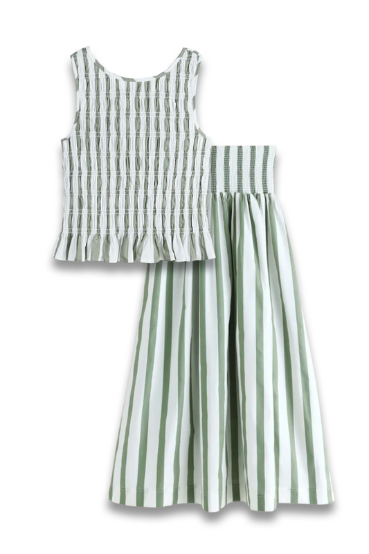 Sage Green Striped Shirred Top and Maxi Skirt