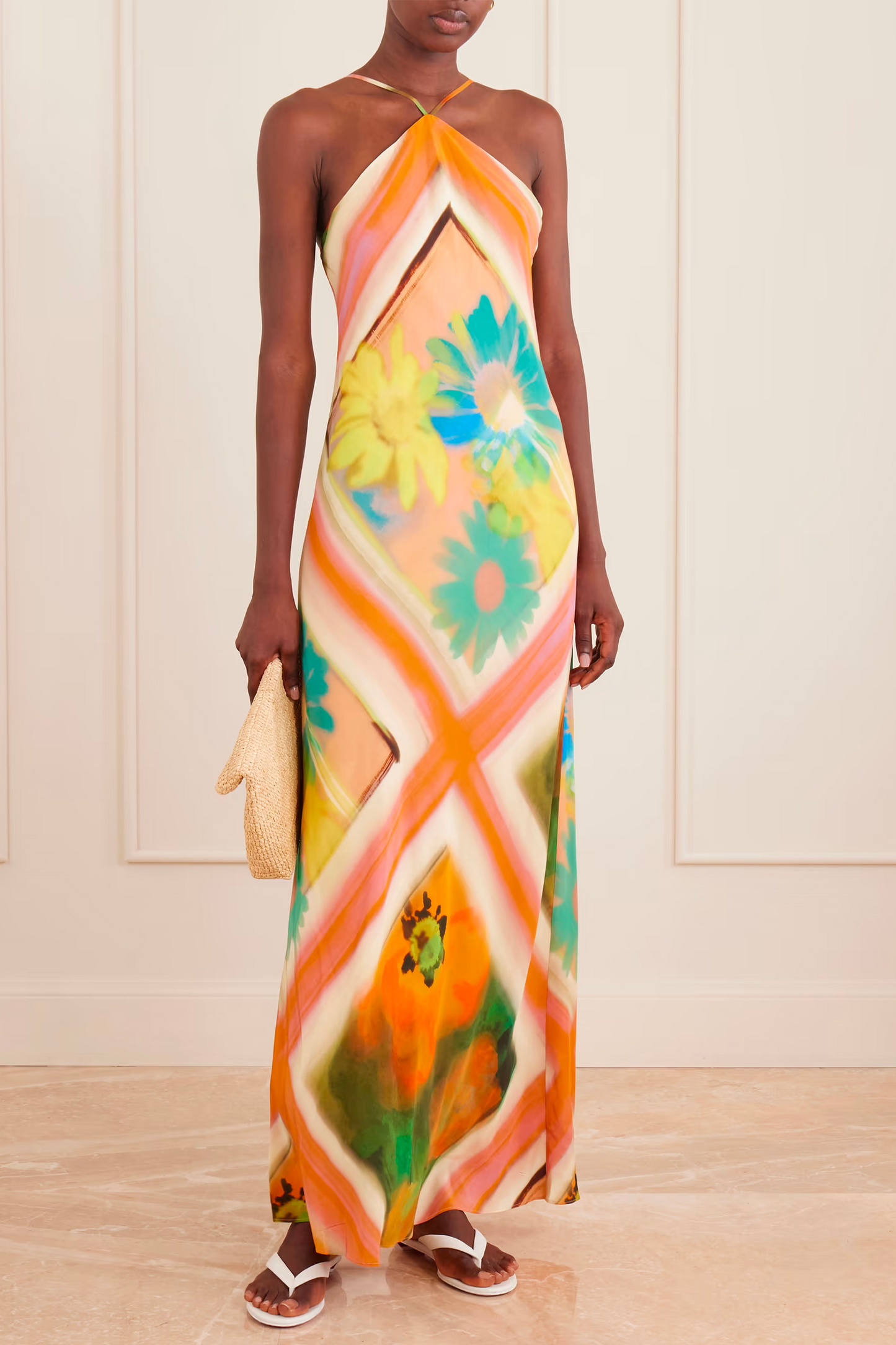 Cubism Striped Floral-print Satin Maxi Dress