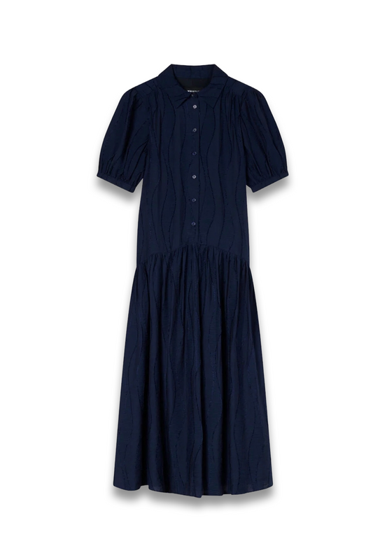 Navy Textured Drop-waist Midi Dress
