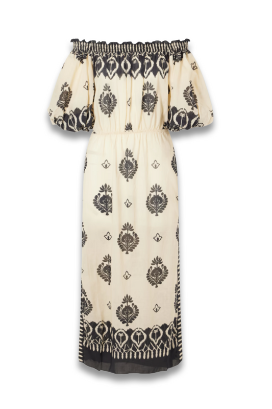 Harbor Hues Off-the-shoulder Ruched Printed Cottons-poplin Midi Dress