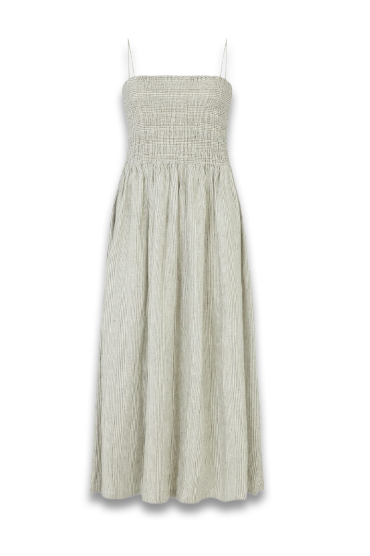 The Harlow Smocked Maxi Dress in striped olive green