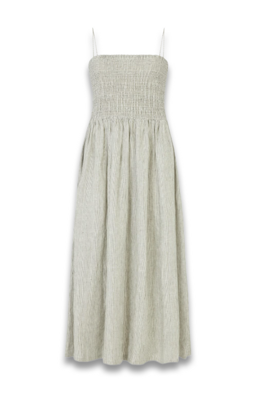 The Harlow Smocked Maxi Dress in striped olive green