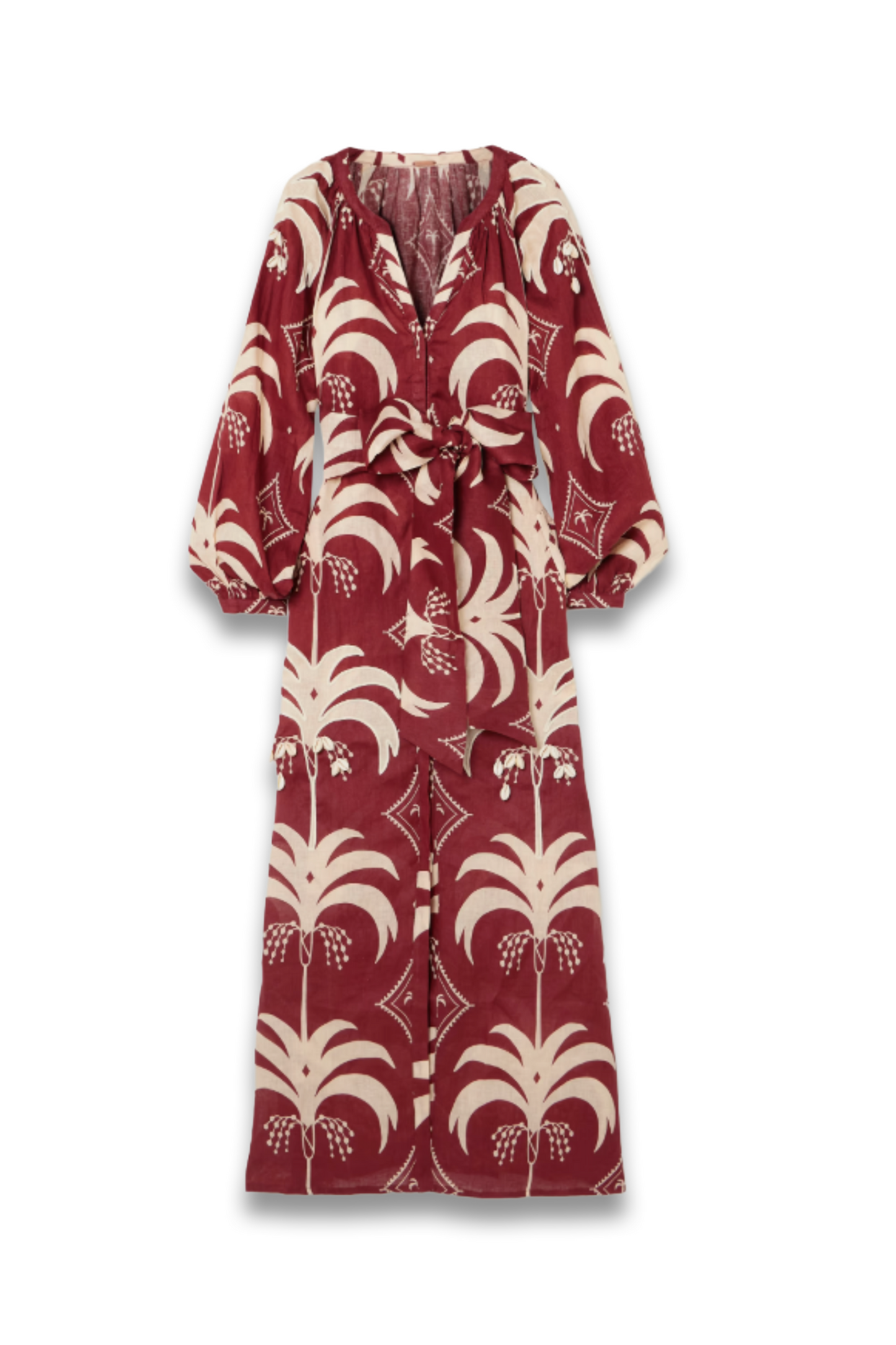 Weaving Waves Belted Embellished Printed Linen Midi Dress