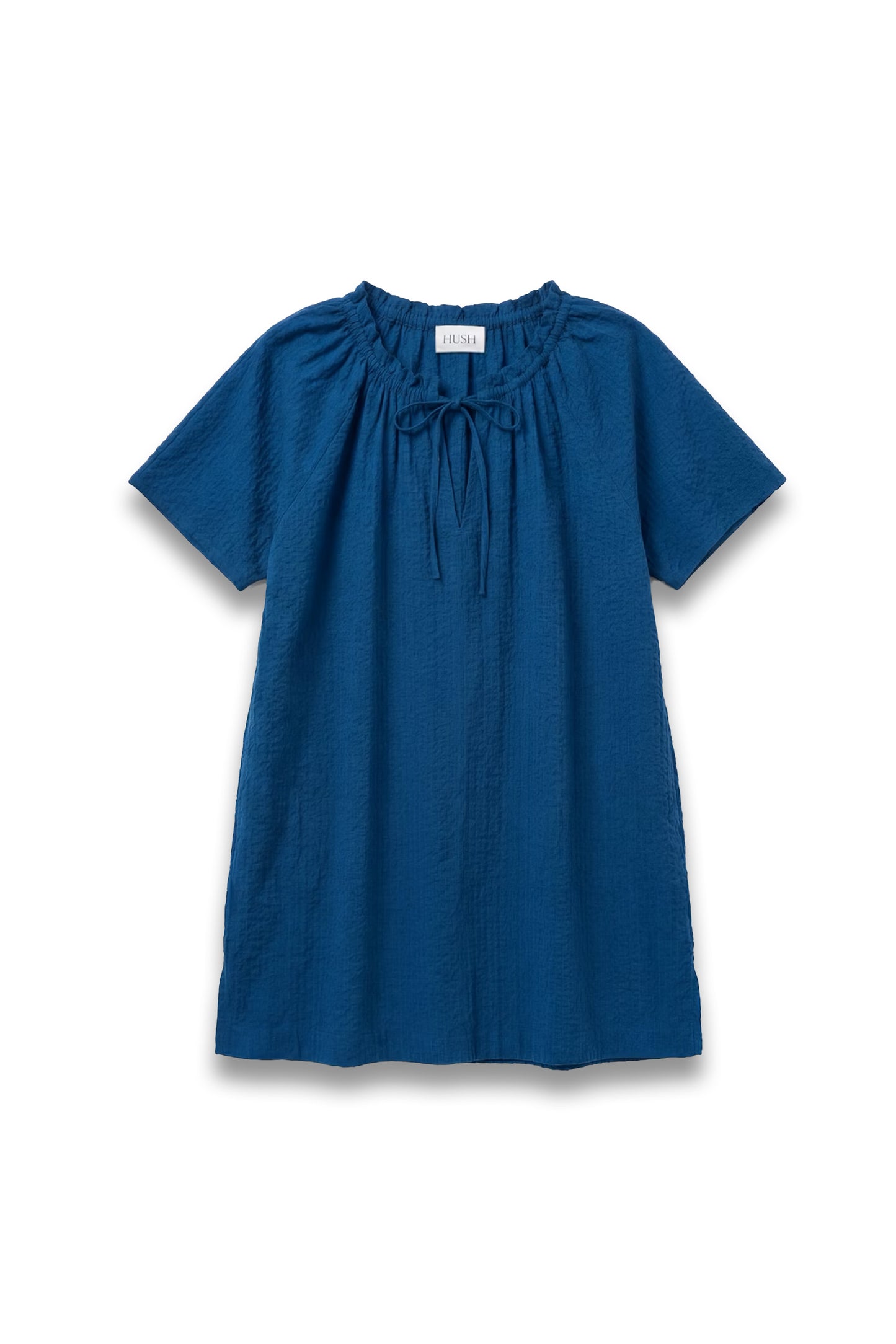 Seersucker Tie Neck Beach Mini Dress | Mid Blue