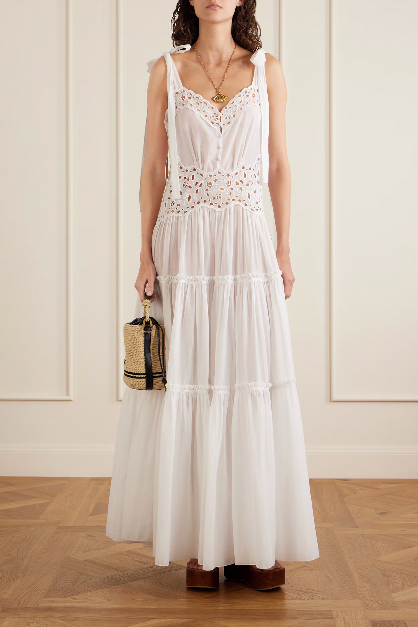Bow-Detailed Tiered Broderie Anglaise Cotton Maxi Dress