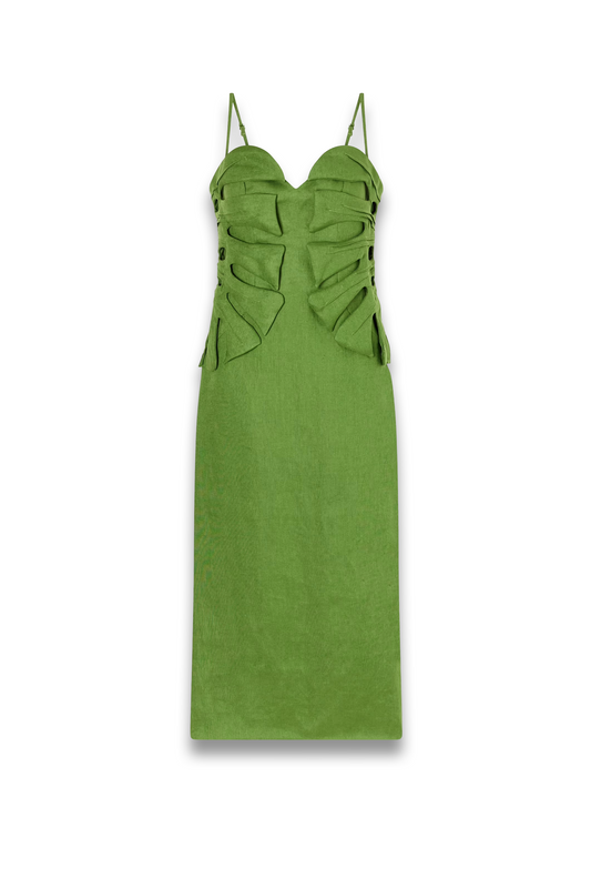 Monstera Leaf Linen Midi Dress