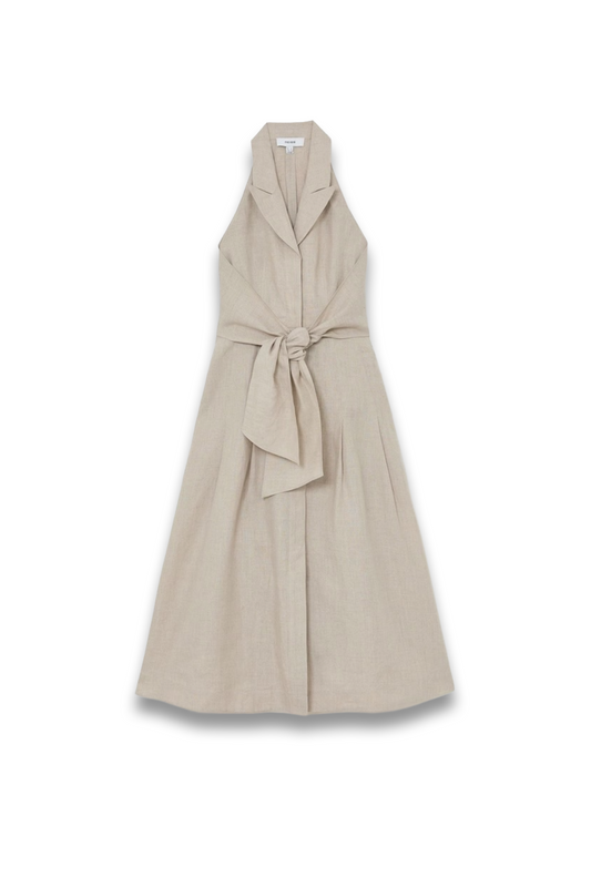 Tara Linen Tie-Waist Tailored Midi Dress in Neutral