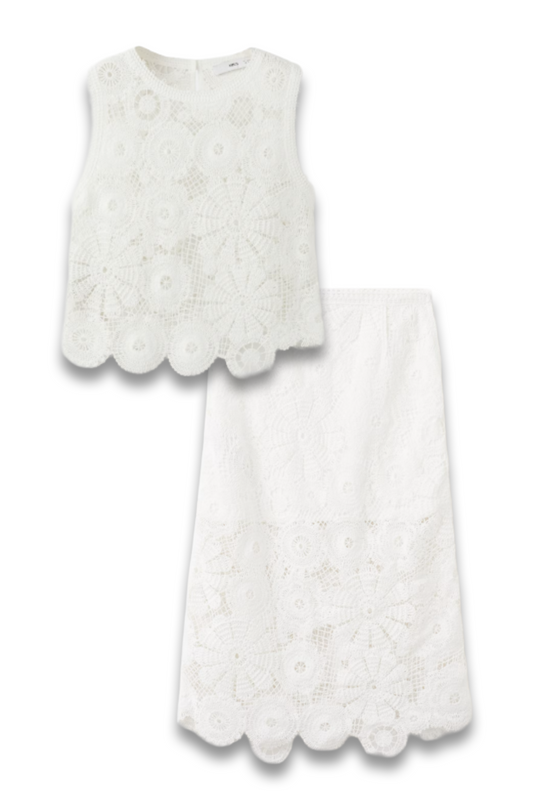 Embroidered Top with Openwork Details and Crochet Midi Skirt