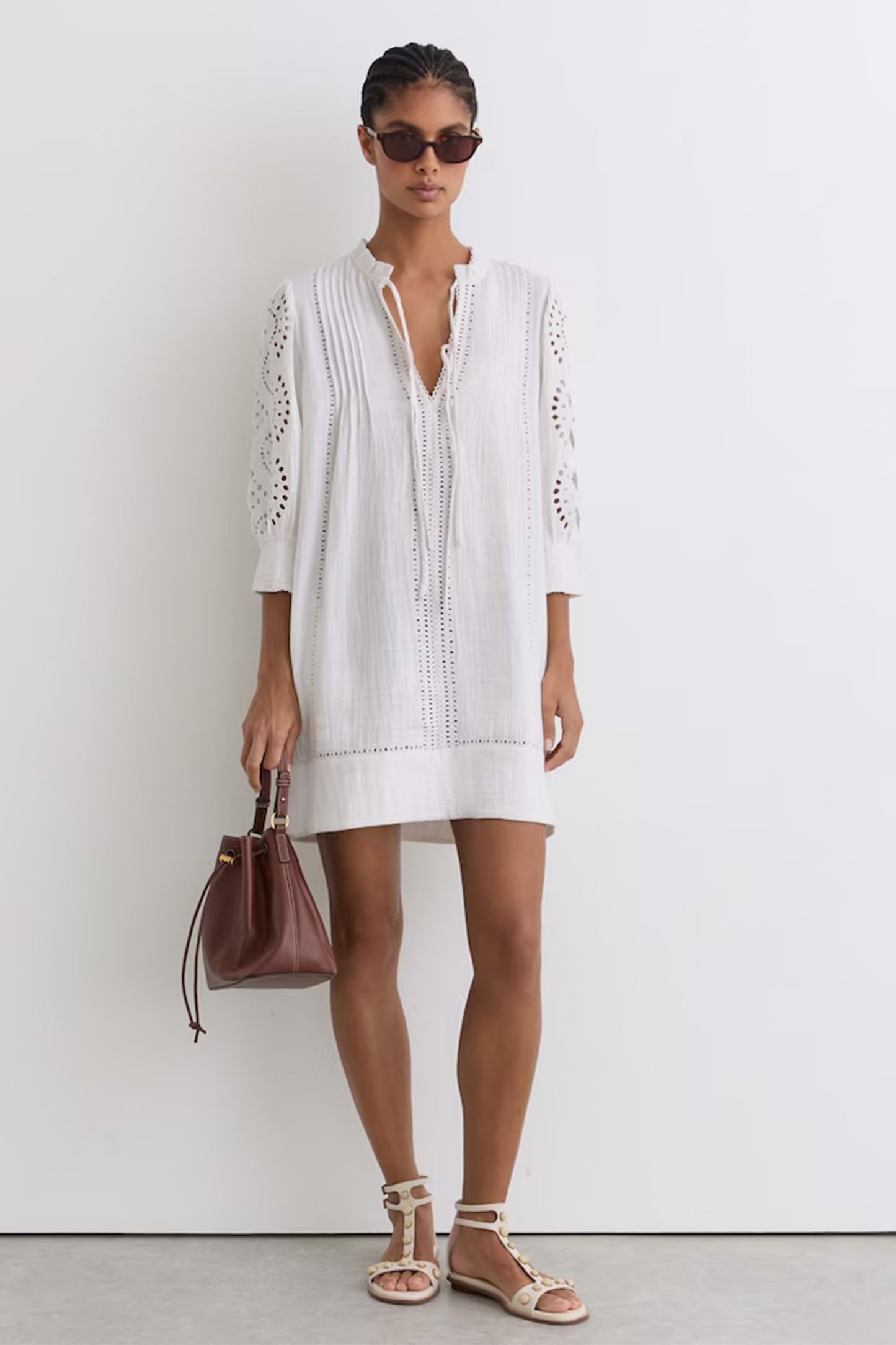 Cotton Cheesecloth Broderie Mini Dress in Ivory