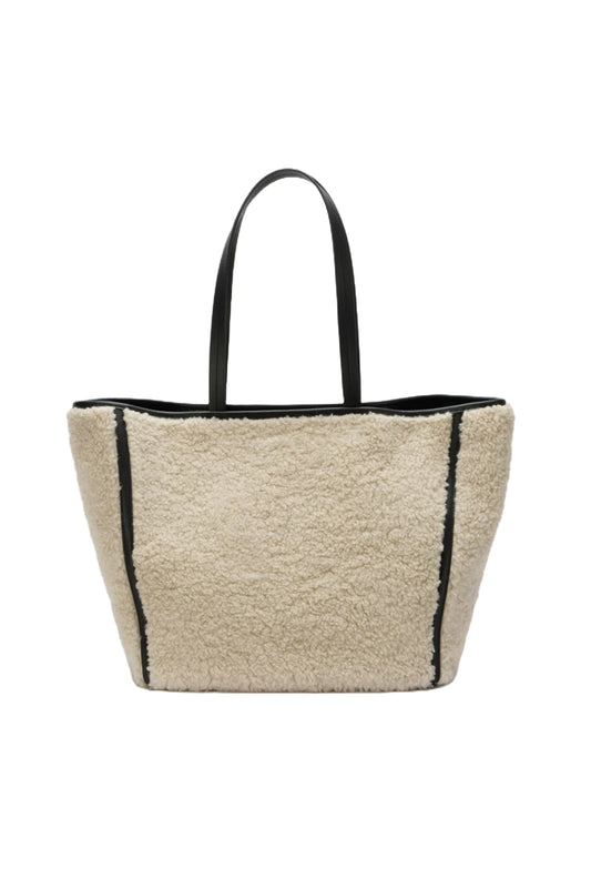 Cream Leather Borg Tote Bag