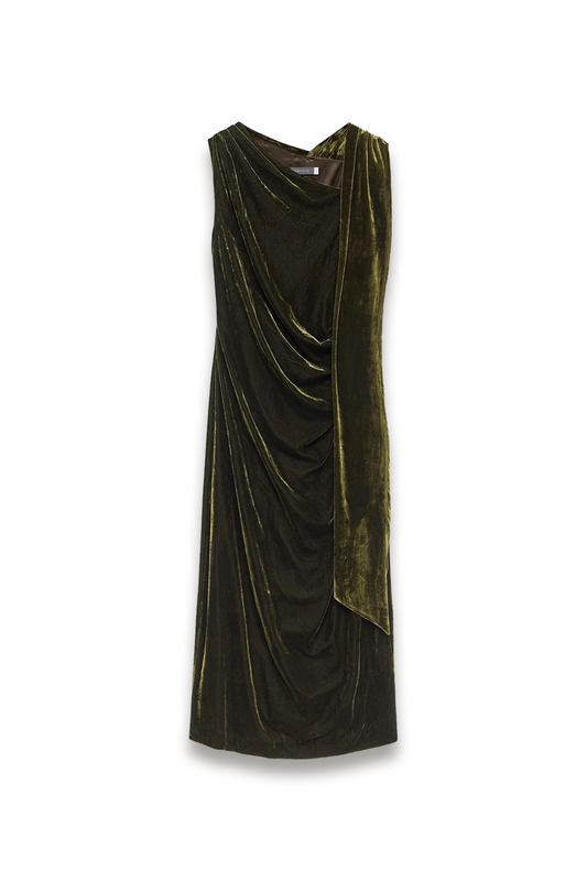 Green Velvet Scarf Detail Midi Dress