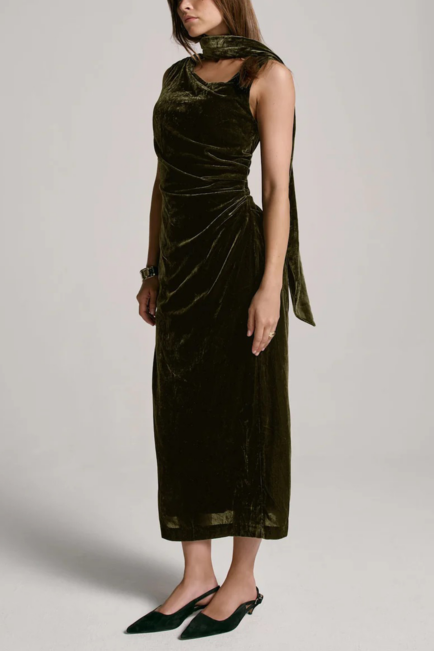 Green Velvet Scarf Detail Midi Dress