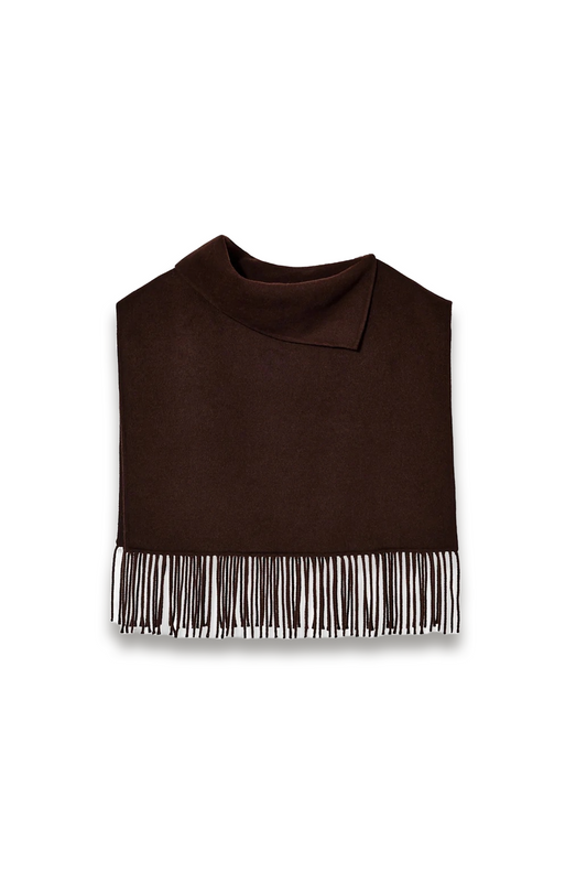 Brown Wool Blend Fringed Poncho