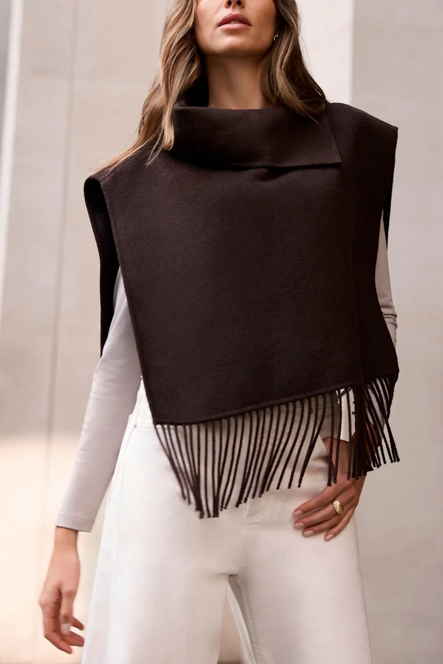 Brown Wool Blend Fringed Poncho