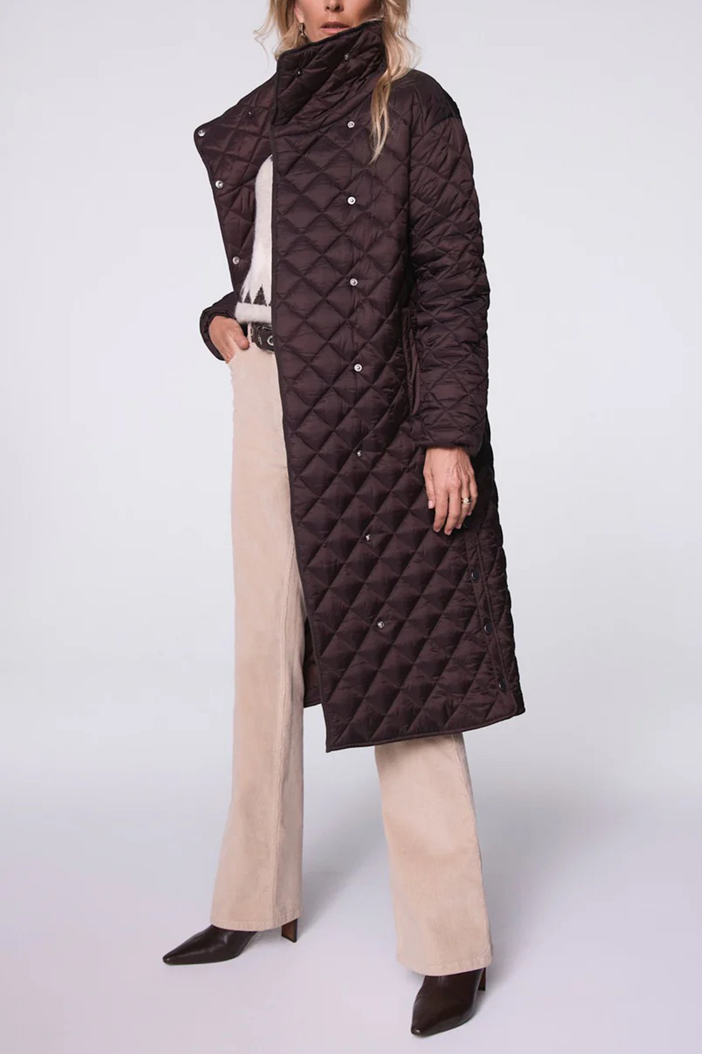 Brown Quilted Funnel Neck Coat