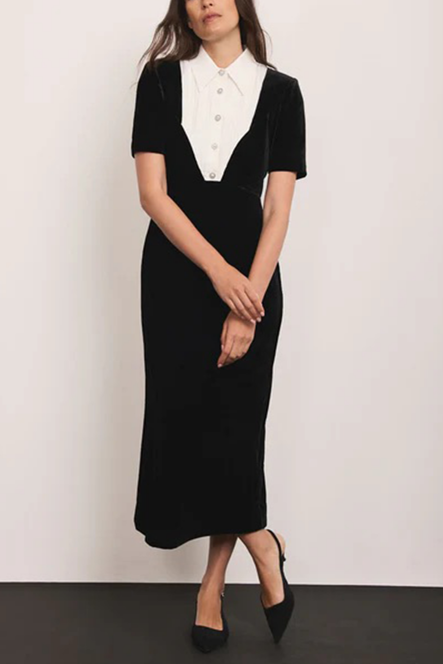 Black Velvet Shirt Midi Dress