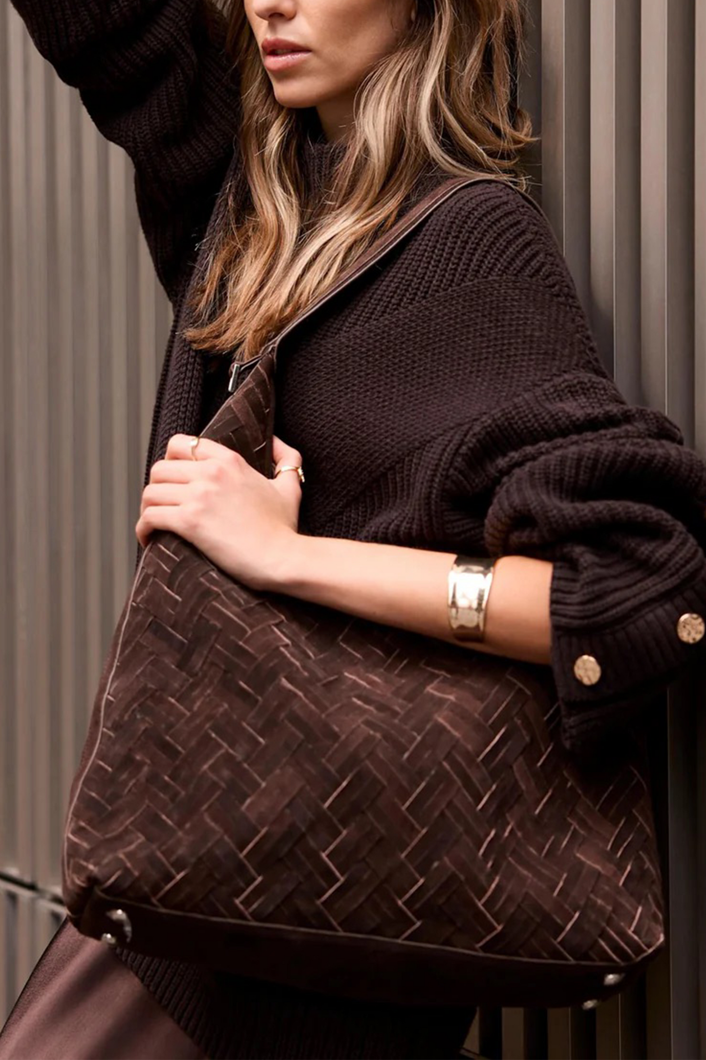 May Brown Woven Suede Shoulder Bag
