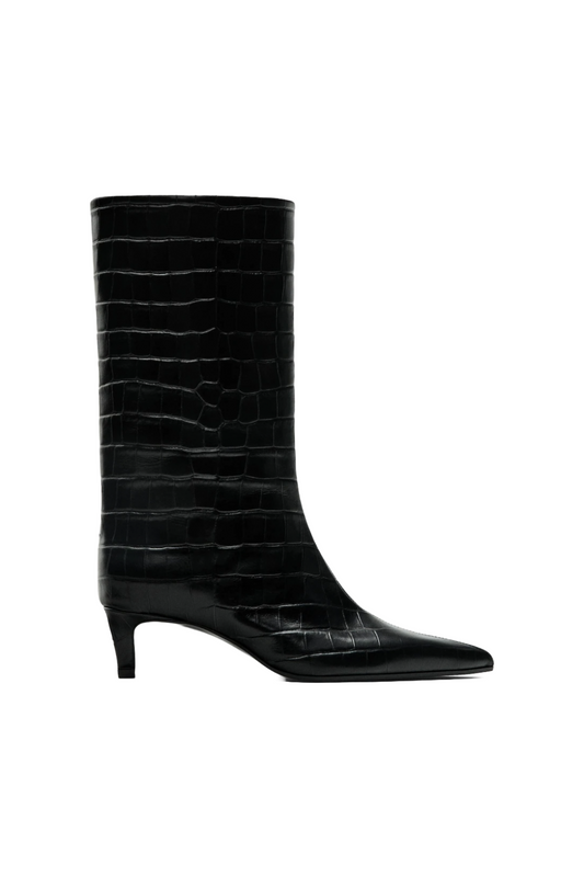 Black Mock Croc Embossed Ankle Boots