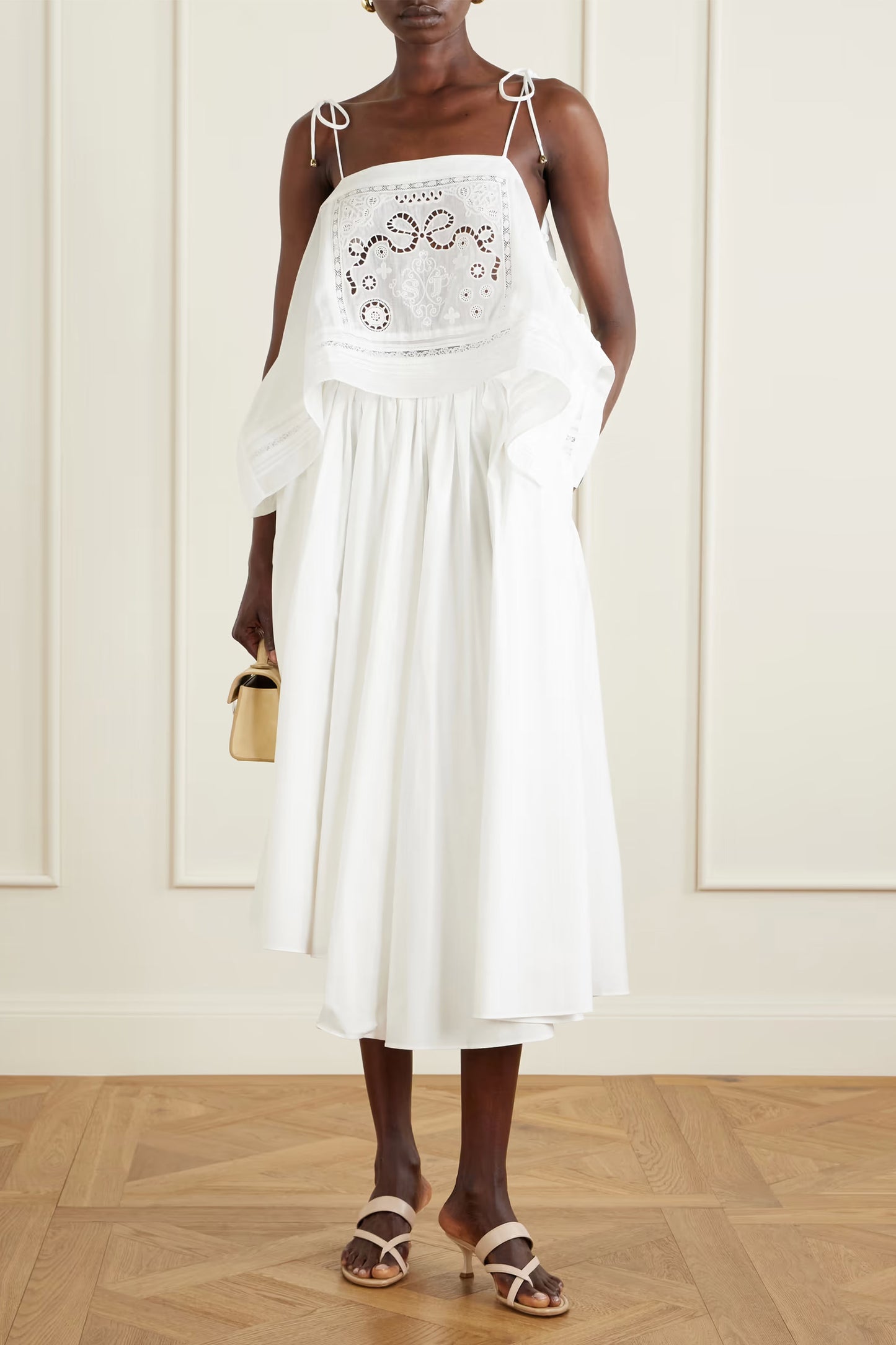 Asymmetric gathered cotton-poplin midi skirt