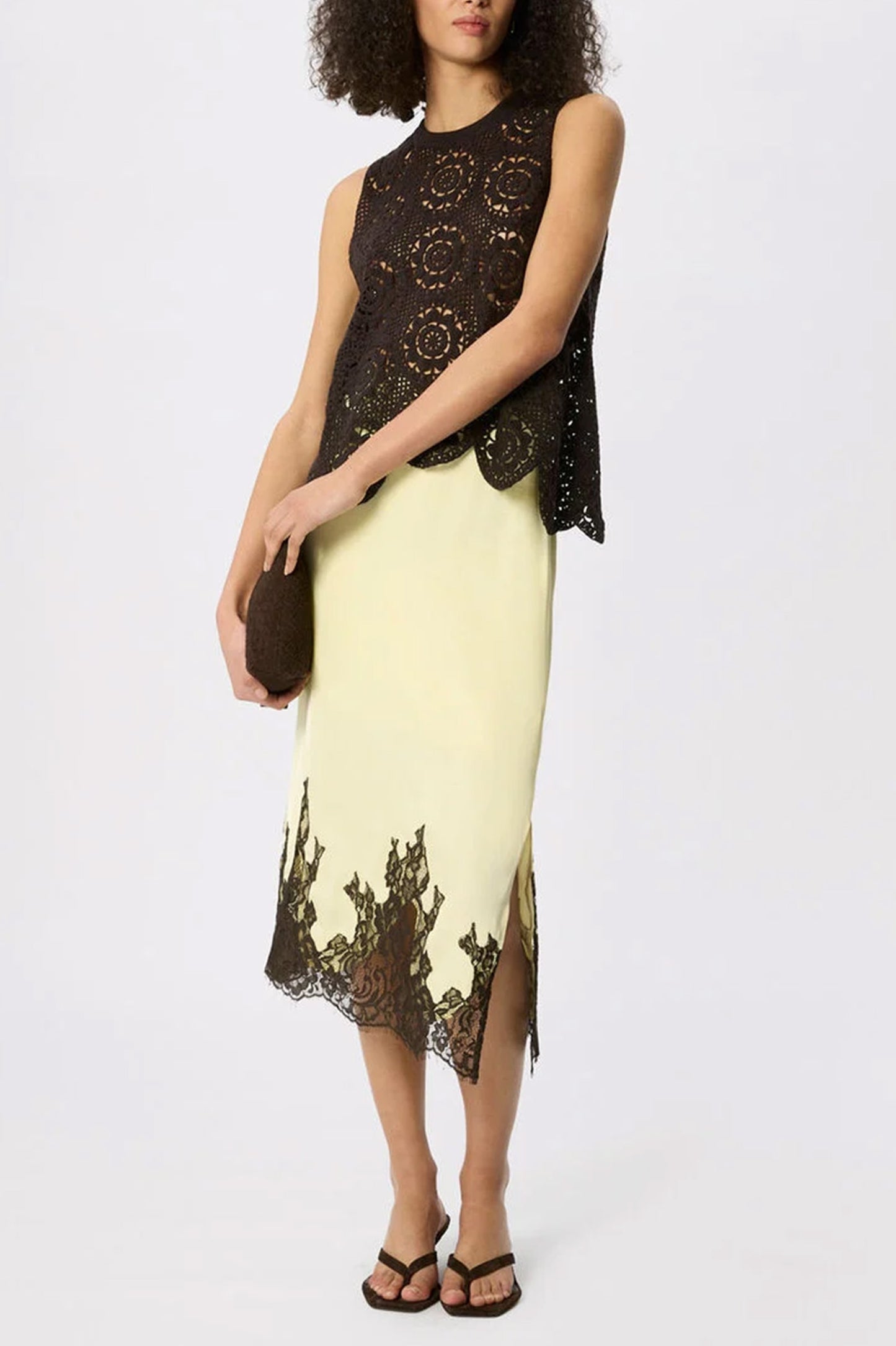 Yellow Lace Hem Satin Midi Skirt