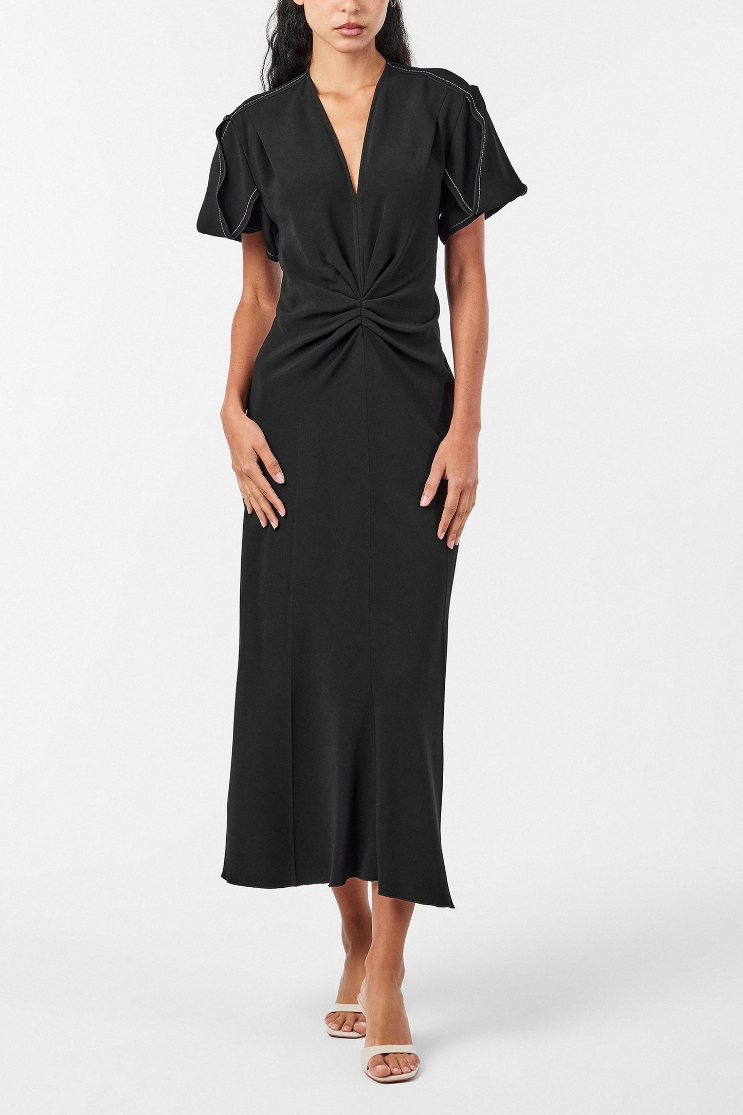 Gathered V-neck Midi Dress