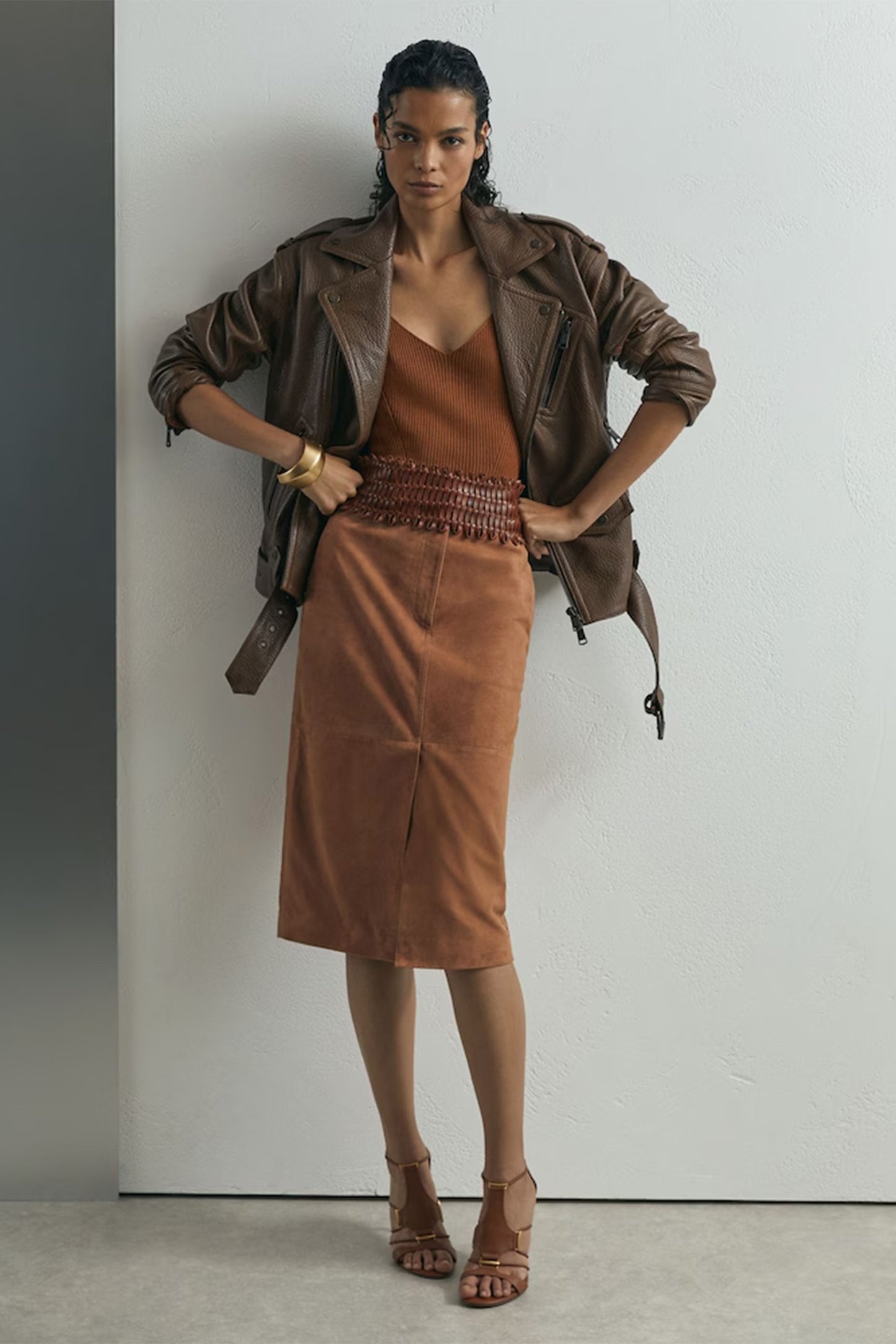 Atelier Suede Pencil Midi Skirt in Tan