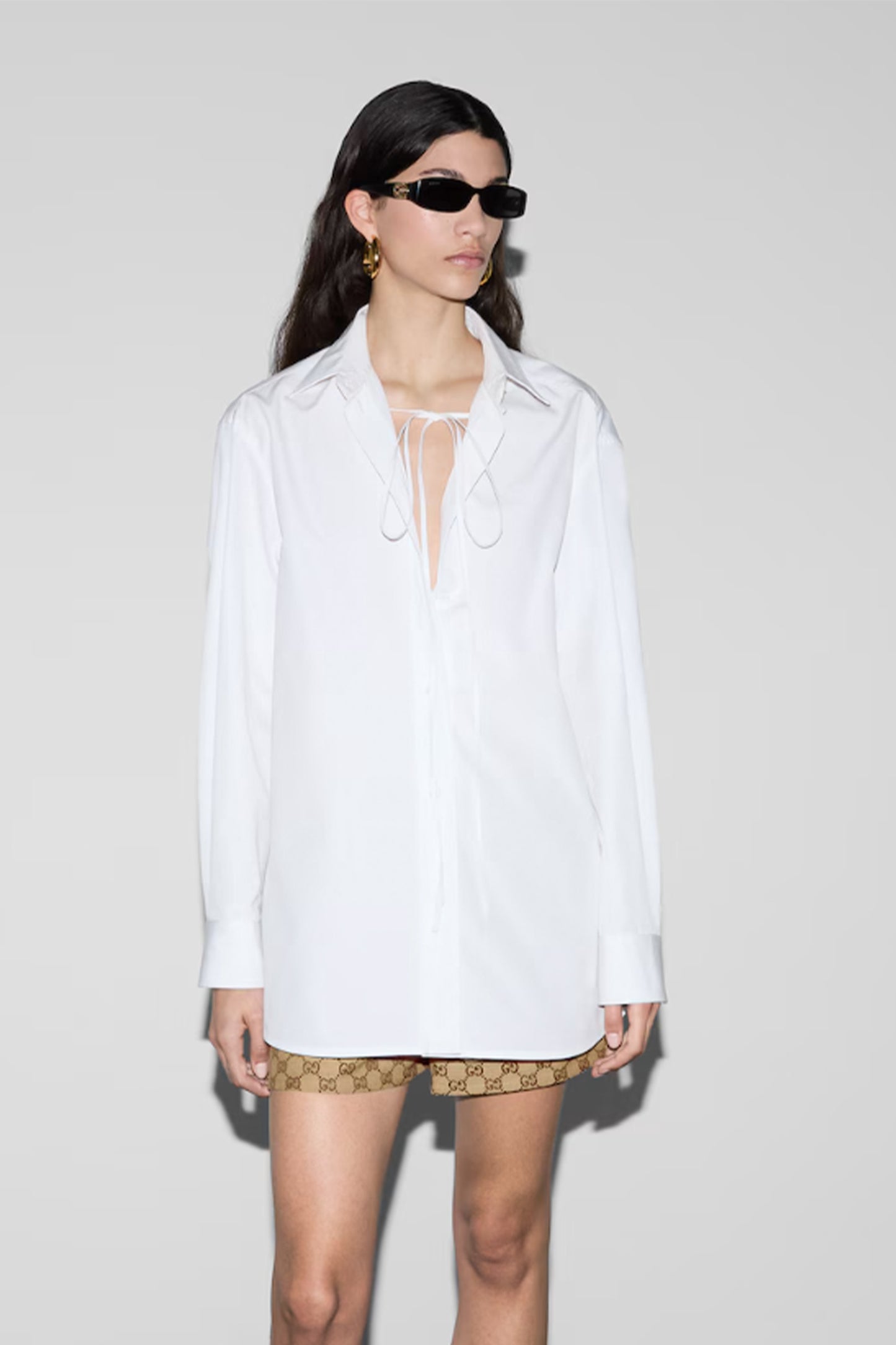 Cotton Poplin Shirt With Ribbon Tie