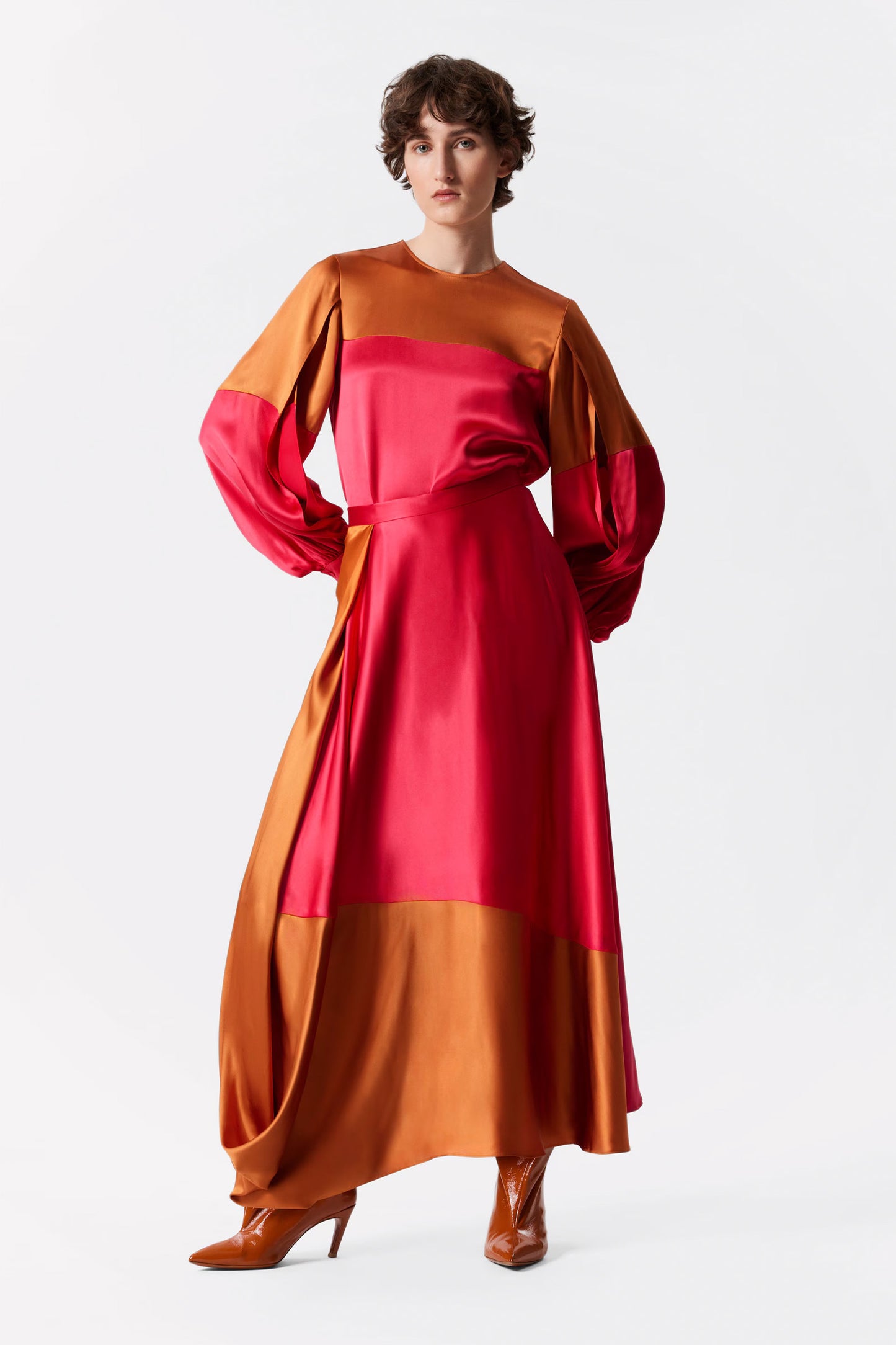 Colour-Block Satin Midi Skirt
