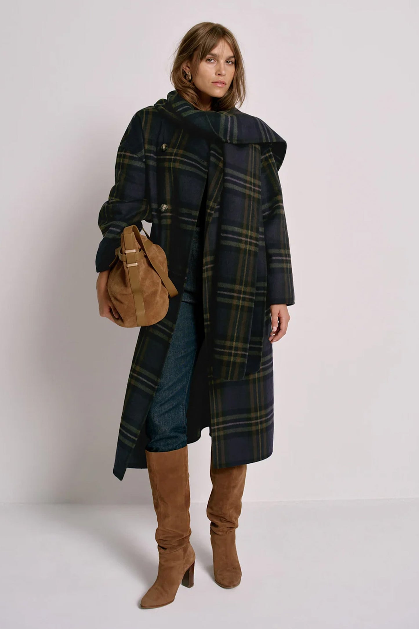 Navy Check Wool Blend Hand Finished Scarf Coat